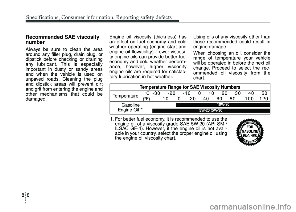 KIA SOUL 2015  Owners Manual Specifications, Consumer information, Reporting safety defects
88
Recommended SAE viscosity
number
Always be sure to clean the area
around any filler plug, drain plug, or
dipstick before checking or d