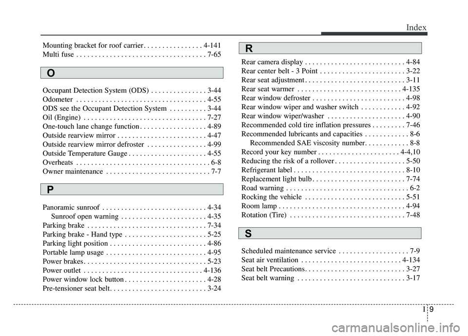 KIA SOUL 2015  Owners Manual I9
Index
Mounting bracket for roof carrier . . . . . . . . . . . . . . . . 4-141
Multi fuse . . . . . . . . . . . . . . . . . . . . . . . . . . . . . . . . . . . 7-\
65
Occupant Detection System (ODS)