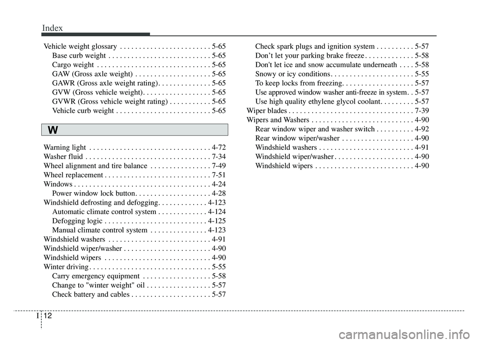 KIA SOUL 2015  Owners Manual Index
12I
Vehicle weight glossary . . . . . . . . . . . . . . . . . . . . . . . . 5-65Base curb weight . . . . . . . . . . . . . . . . . . . . . . . . . . . 5-65
Cargo weight . . . . . . . . . . . . .