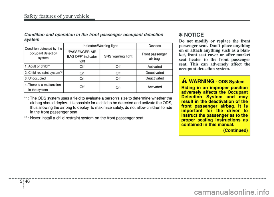 KIA SOUL 2015 Repair Manual Safety features of your vehicle
46
3
WARNING- ODS System
Riding in an improper position
adversely affects the Occupant
Detection System and may
result in the deactivation of the
front passenger airbag KIA SOUL 2015 Repair Manual Safety features of your vehicle
46
3
WARNING- ODS System
Riding in an improper position
adversely affects the Occupant
Detection System and may
result in the deactivation of the
front passenger airbag