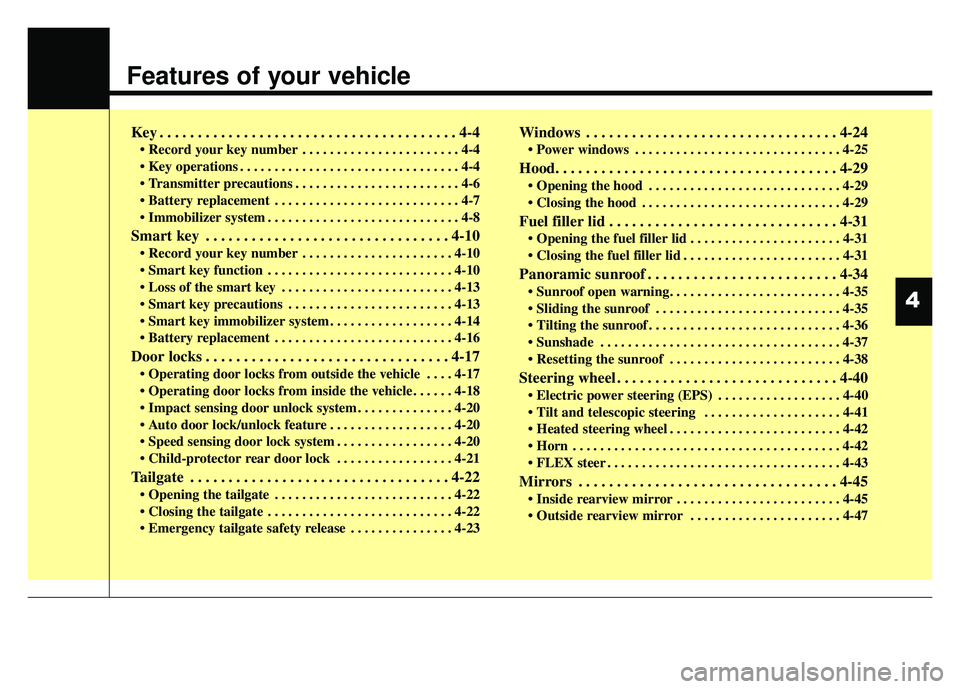 KIA SOUL 2015  Owners Manual Features of your vehicle
Key . . . . . . . . . . . . . . . . . . . . . . . . . . . . . . . . . . . . \
. . . 4-4
• Record your key number . . . . . . . . . . . . . . . . . . . . . . . 4-4
 . . . . .