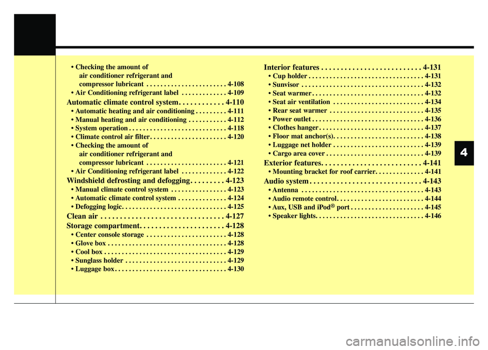 KIA SOUL 2015  Owners Manual air conditioner refrigerant and 
compressor lubricant . . . . . . . . . . . . . . . . . . . . . . . 4-108
 . . . . . . . . . . . . . 4-109
Automatic climate control system. . . . . . . . . . . . 4-110