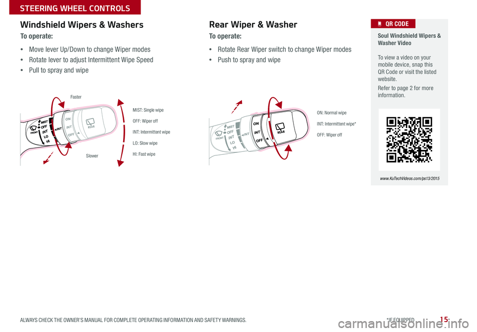KIA SOUL 2015  Features and Functions Guide 15
  Soul Windshield Wipers & Washer Video   To view a video on your mobile device, snap this QR Code or visit the listed website 
Refer to page 2 for more information  
www. KuTechVideo s.c om/p s13/