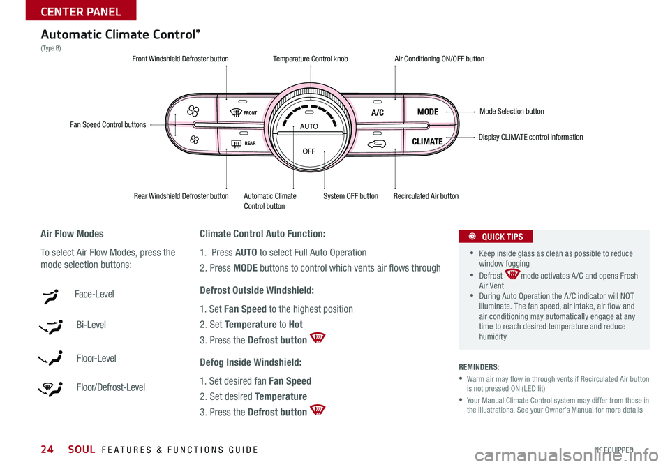 KIA SOUL 2015  Features and Functions Guide 24
Automatic Climate Control*
( Type B)
Climate Control Auto Function:
1   Press AUTO to select Full Auto Operation 
2    Press MODE buttons to control which vents air flows through
Defrost Outside Wi