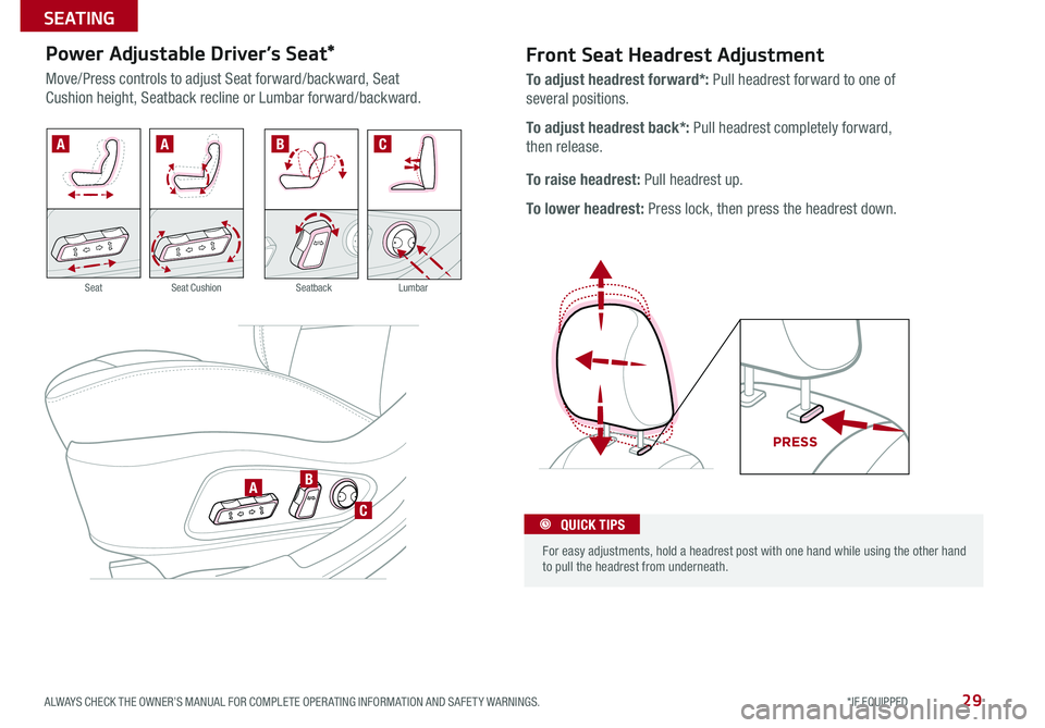 KIA SOUL 2015 Features and Functions Guide 29
Front Seat Headrest Adjustment
.
PR ESS
To adjust headrest forward*: Pull headrest forward to one of
several positions
To adjust headrest back*: Pull headrest completely forward,
then release
KIA SOUL 2015 Features and Functions Guide 29
Front Seat Headrest Adjustment
.
PR ESS
To adjust headrest forward*: Pull headrest forward to one of
several positions
To adjust headrest back*: Pull headrest completely forward,
then release
