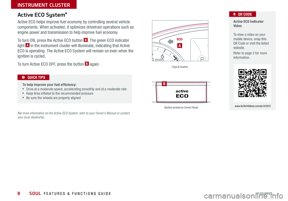 KIA SOUL 2015  Features and Functions Guide 8
  Active ECO Indicator Video   To view a video on your mobile device, snap this QR Code or visit the listed website 
Refer to page 2 for more information  
www. KuTechVideo s.c om/p s13/2015 
   QR 