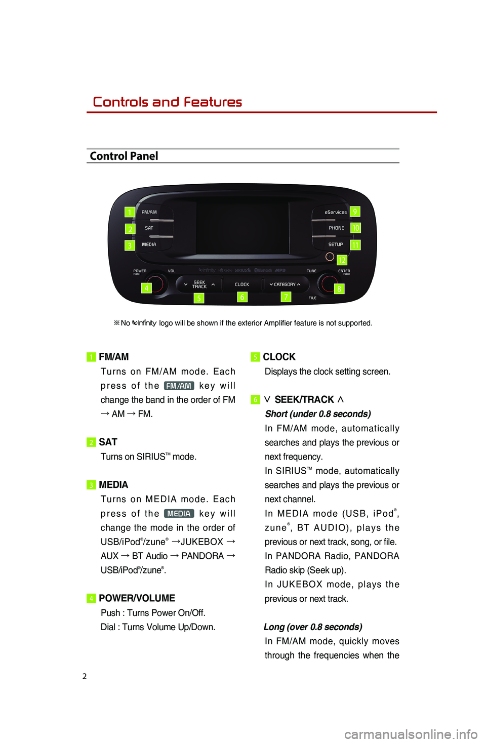 KIA SOUL 2015  Quick Reference Guide 2
1 FM/AM
 
Turns on FM/AM mode. Each 
press of the 
FM/AM key will 
change the band in the order of FM 
→  AM  →
 FM.
2  SAT
Turns on SIRIUSTM mode. 
3 MEDIA 
Turns on MEDIA mode. Each 
press of 