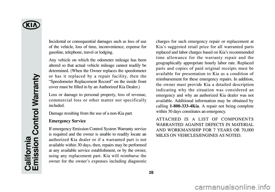 KIA SOUL 2015  Warranty and Consumer Information Guide California
Emission Control Warranty28
Incidental or consequential damages such as loss of use
of the vehicle, loss of time, inconvenience, expense for
gasoline, telephone, travel or lodging. 
Any veh