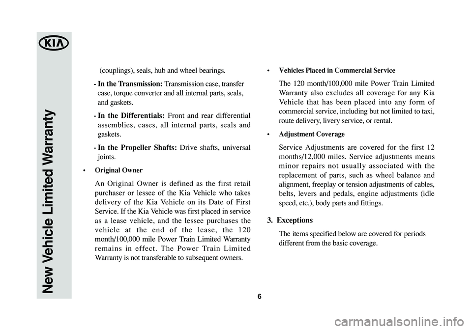 KIA SOUL 2015  Warranty and Consumer Information Guide (couplings), seals, hub and wheel bearings.
-In the Transmission:Transmission case, transfer
case, torque converter and all internal parts, seals,
and gaskets.
-In the Differentials:Front and rear dif