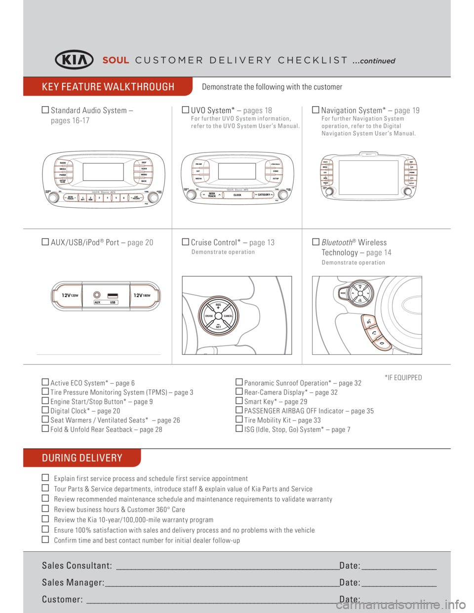 KIA SOUL 2014  Features and Functions Guide KE Y FE ATURE WALK THROUGH
DURING DELIVERY 
 Active ECO System* – page 6
 Tire Pressure Monitoring System (TPMS) – page 3
 Engine Star t/Stop But ton* – page 9
 Digital Clock* – page 20
 Seat 
