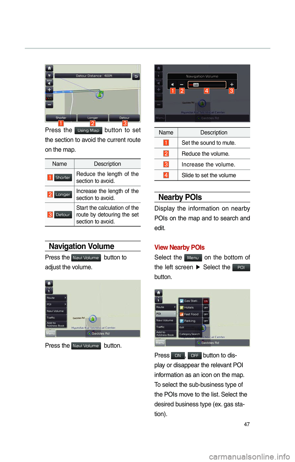 KIA SOUL 2014  Navigation System Quick Reference Guide 47
Press the Using Map button to set 
the section to avoid the current route 
on the map.
Navigation Volume
Press the 003100440059004C000300390048  button to 
adjust the volume.
Press the 003100440059