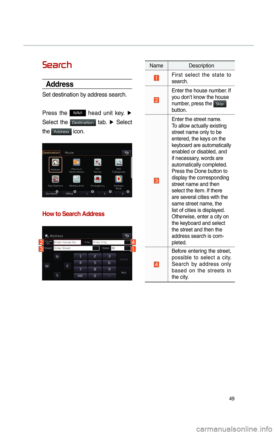 KIA SOUL 2014 Navigation System Quick Reference Guide 49
00360048004400550046004B
Address
Set destination by address search.
Press the
NAVI head unit key. ▶
Select the
0027004800560057004C005100440057004C00520051 tab. ▶
Select
the
00240047004 KIA SOUL 2014 Navigation System Quick Reference Guide 49
00360048004400550046004B
Address
Set destination by address search.
Press the
NAVI head unit key. ▶
Select the
0027004800560057004C005100440057004C00520051 tab. ▶
Select
the
00240047004