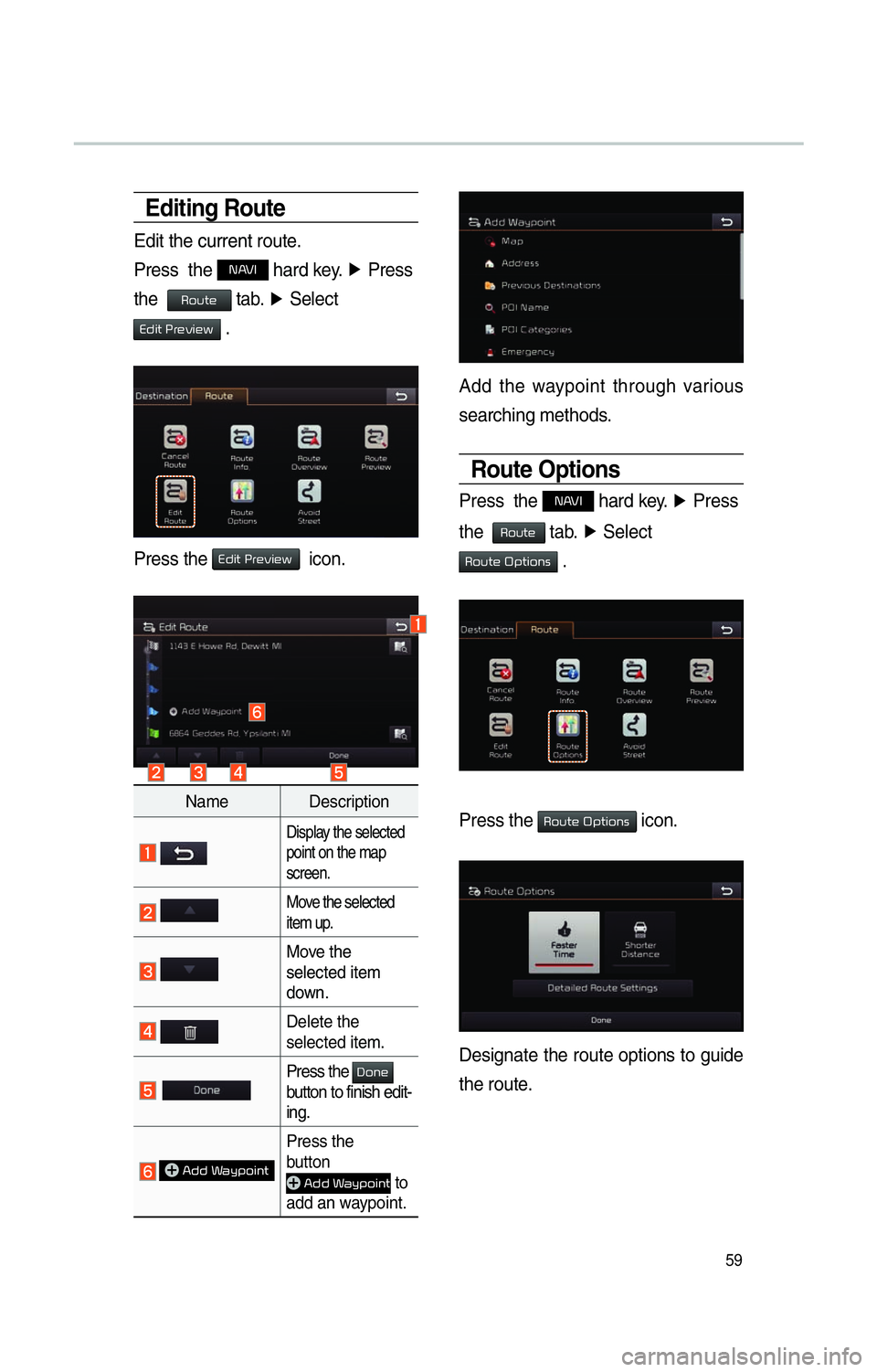 KIA SOUL 2014 Navigation System Quick Reference Guide 59
Editing Route
Edit the current route.
Press the
NAVI hard key. ▶
Press
the
Route tab. ▶
Select
Edit Preview .
Press the Edit Preview icon.
Name Description
Display the selected
p KIA SOUL 2014 Navigation System Quick Reference Guide 59
Editing Route
Edit the current route.
Press the
NAVI hard key. ▶
Press
the
Route tab. ▶
Select
Edit Preview .
Press the Edit Preview icon.
Name Description
Display the selected
p