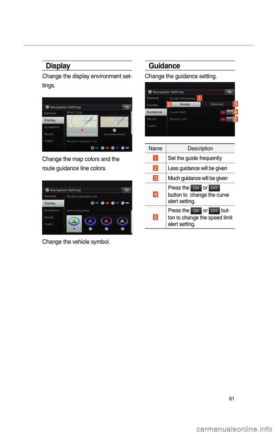 KIA SOUL 2014 Navigation System Quick Reference Guide 61
Display
Change the display environment set-
tings.
Change the map colors and the
route guidance line colors.
Change the vehicle symbol.
Guidance
Change the guidance setting.
Name Description
Set KIA SOUL 2014 Navigation System Quick Reference Guide 61
Display
Change the display environment set-
tings.
Change the map colors and the
route guidance line colors.
Change the vehicle symbol.
Guidance
Change the guidance setting.
Name Description
Set