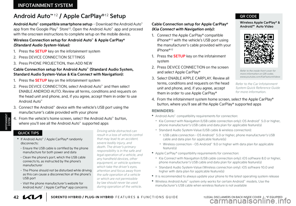 KIA SORENTO PHEV 2023 Features and Functions Guide 42†LEGAL DISCL AIMERS ON BACK INSIDE COVER | *IF EQUIPPEDSORENTO HYBRID / PLUG-IN HYBRID FEATURES & FUNCTIONS GUIDE
INFOTAINMENT SYSTEM
INFOTAINMENTSYSTEM
Android Auto™†2 / Apple CarPlay® KIA SORENTO PHEV 2023 Features and Functions Guide 42†LEGAL DISCL AIMERS ON BACK INSIDE COVER | *IF EQUIPPEDSORENTO HYBRID / PLUG-IN HYBRID FEATURES & FUNCTIONS GUIDE
INFOTAINMENT SYSTEM
INFOTAINMENTSYSTEM
Android Auto™†2 / Apple CarPlay®