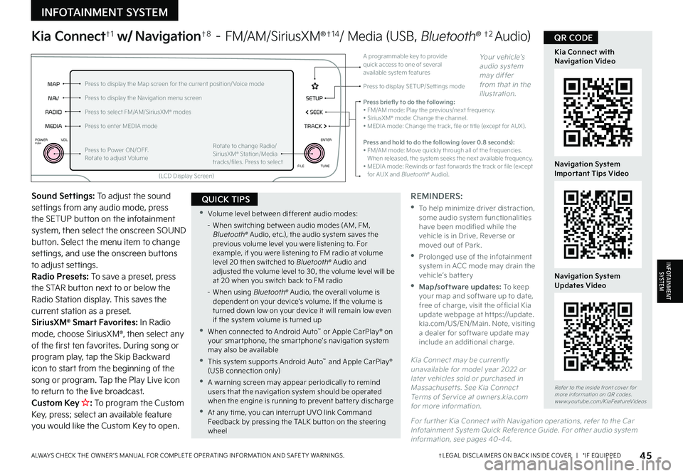 KIA SORENTO PHEV 2023 Features and Functions Guide 45†LEGAL DISCL AIMERS ON BACK INSIDE COVER | *IF EQUIPPEDALWAYS CHECK THE OWNER ’S MANUAL FOR COMPLETE OPER ATING INFORMATION AND SAFET Y WARNINGS
INFOTAINMENT SYSTEM
INFOTAINMENTSYSTEM
Soun KIA SORENTO PHEV 2023 Features and Functions Guide 45†LEGAL DISCL AIMERS ON BACK INSIDE COVER | *IF EQUIPPEDALWAYS CHECK THE OWNER ’S MANUAL FOR COMPLETE OPER ATING INFORMATION AND SAFET Y WARNINGS
INFOTAINMENT SYSTEM
INFOTAINMENTSYSTEM
Soun