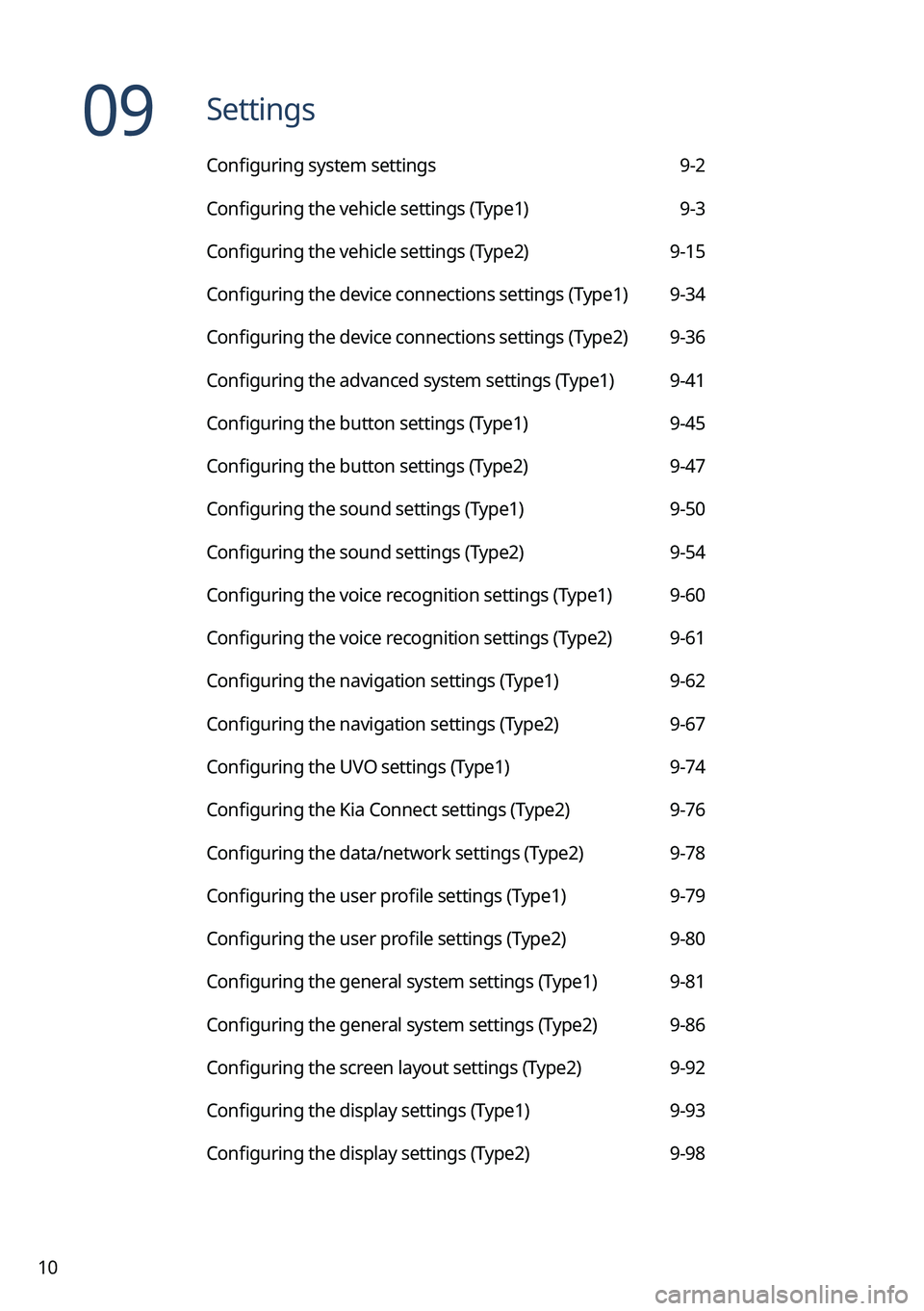 KIA SORENTO PHEV 2023 Navigation System Quick Reference Guide 10
09 Settings
Configuring system settings 9-2
Configuring the vehicle settings (Type1) 9-3
Configuring the vehicle settings (Type2) 9-15
Configuring the device connections settings (Type1) 9-34
Co KIA SORENTO PHEV 2023 Navigation System Quick Reference Guide 10
09 Settings
Configuring system settings 9-2
Configuring the vehicle settings (Type1) 9-3
Configuring the vehicle settings (Type2) 9-15
Configuring the device connections settings (Type1) 9-34
Co