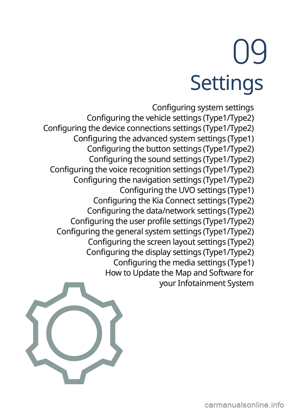 KIA SORENTO PHEV 2023 Navigation System Quick Reference Guide Settings
Configuring system settings
Configuring the vehicle settings (Type1/ Type2)
Configuring the device connections settings (Type1/ Type2)
Configuring the advanced system settings (Type1) Confi KIA SORENTO PHEV 2023 Navigation System Quick Reference Guide Settings
Configuring system settings
Configuring the vehicle settings (Type1/ Type2)
Configuring the device connections settings (Type1/ Type2)
Configuring the advanced system settings (Type1) Confi