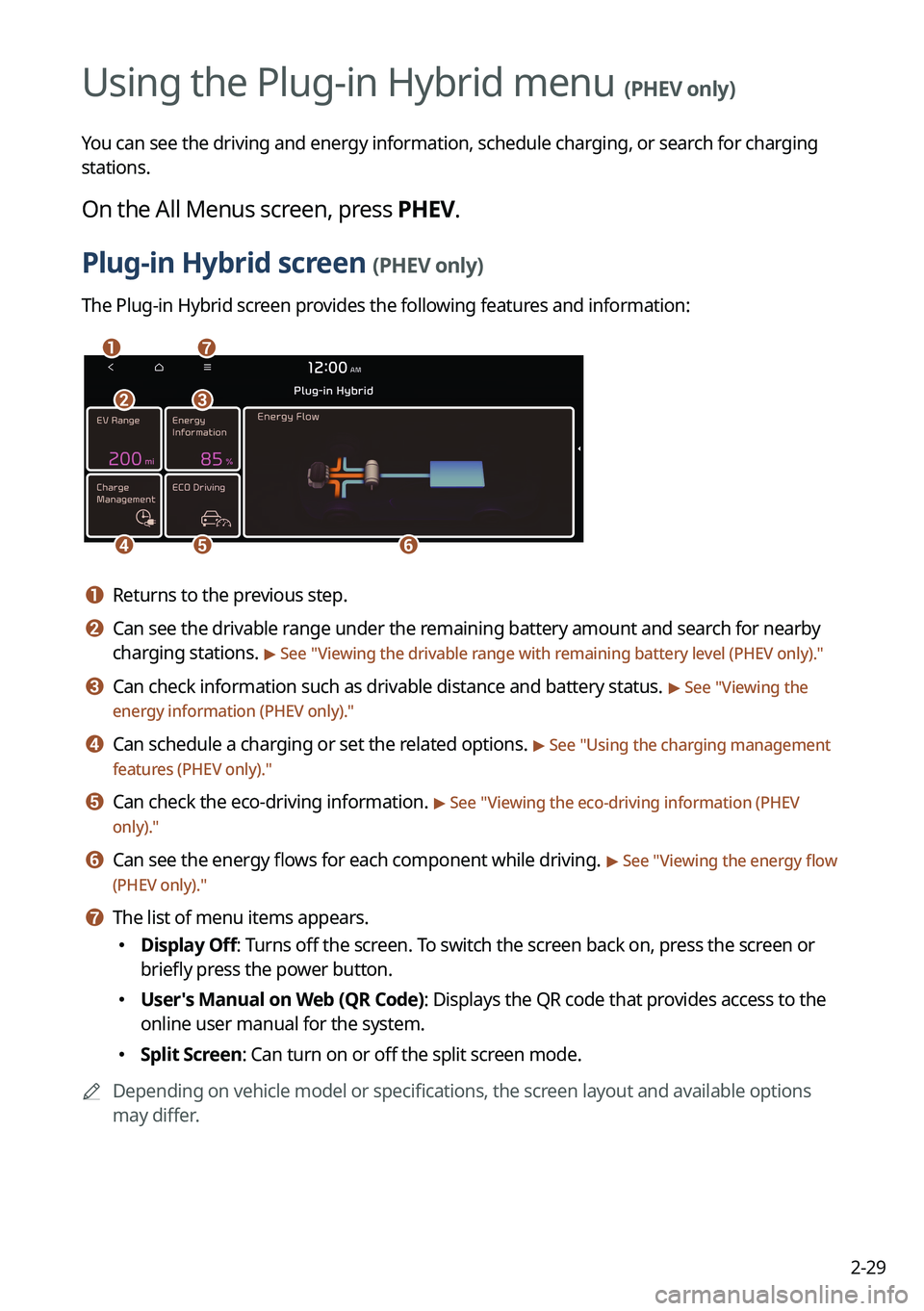 KIA SORENTO PHEV 2023 Navigation System Quick Reference Guide 2-29
Using the Plug-in Hybrid menu (PHEV only)
You can see the driving and energy information, schedule charging, or search for charging
stations.
On the All Menus screen, press PHEV.
Plug-in Hybrid KIA SORENTO PHEV 2023 Navigation System Quick Reference Guide 2-29
Using the Plug-in Hybrid menu (PHEV only)
You can see the driving and energy information, schedule charging, or search for charging
stations.
On the All Menus screen, press PHEV.
Plug-in Hybrid