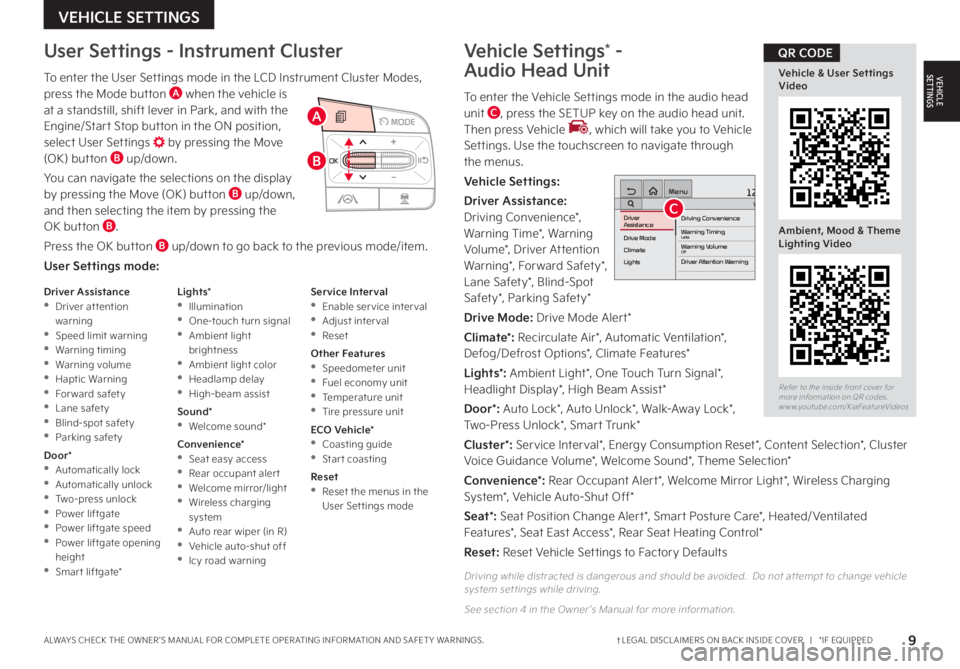 KIA SORENTO PHEV 2022 Features and Functions Guide 9†LEGAL DISCL AIMERS ON BACK INSIDE COVER | *IF EQUIPPEDALWAYS CHECK THE OWNER ’S MANUAL FOR COMPLETE OPER ATING INFORMATION AND SAFET Y WARNINGS .
To enter the User Settings mode in the LCD KIA SORENTO PHEV 2022 Features and Functions Guide 9†LEGAL DISCL AIMERS ON BACK INSIDE COVER | *IF EQUIPPEDALWAYS CHECK THE OWNER ’S MANUAL FOR COMPLETE OPER ATING INFORMATION AND SAFET Y WARNINGS .
To enter the User Settings mode in the LCD