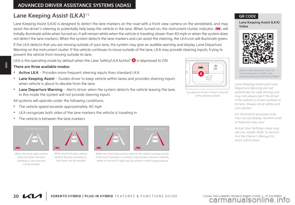 KIA SORENTO PHEV 2022 Features and Functions Guide 20†LEGAL DISCL AIMERS ON BACK INSIDE COVER | *IF EQUIPPEDSORENTO HYBRID / PLUG-IN HYBRID FEATURES & FUNCTIONS GUIDE
Lane Keeping Assist and Lane Depar ture Warning are not substitutes for safe KIA SORENTO PHEV 2022 Features and Functions Guide 20†LEGAL DISCL AIMERS ON BACK INSIDE COVER | *IF EQUIPPEDSORENTO HYBRID / PLUG-IN HYBRID FEATURES & FUNCTIONS GUIDE
Lane Keeping Assist and Lane Depar ture Warning are not substitutes for safe