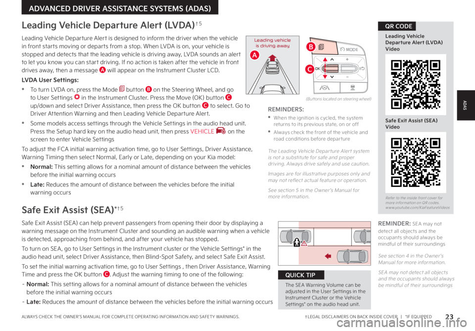 KIA SORENTO PHEV 2022 Features and Functions Guide 23†LEGAL DISCL AIMERS ON BACK INSIDE COVER | *IF EQUIPPEDALWAYS CHECK THE OWNER ’S MANUAL FOR COMPLETE OPER ATING INFORMATION AND SAFET Y WARNINGS .
ADVANCED DRIVER ASSISTANCE SYSTEMS (ADAS)
KIA SORENTO PHEV 2022 Features and Functions Guide 23†LEGAL DISCL AIMERS ON BACK INSIDE COVER | *IF EQUIPPEDALWAYS CHECK THE OWNER ’S MANUAL FOR COMPLETE OPER ATING INFORMATION AND SAFET Y WARNINGS .
ADVANCED DRIVER ASSISTANCE SYSTEMS (ADAS)