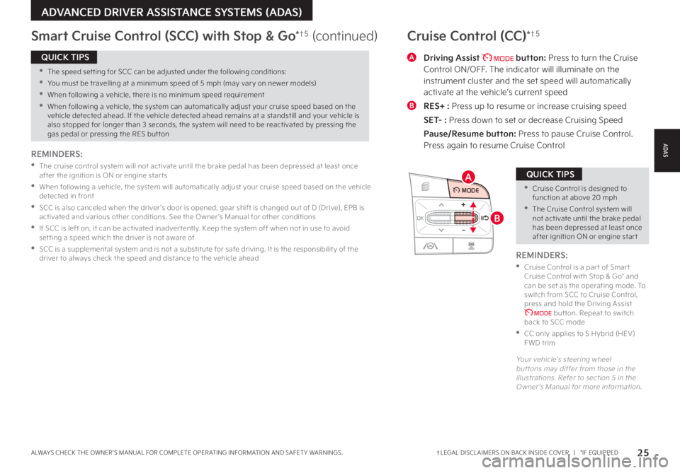 KIA SORENTO PHEV 2022  Features and Functions Guide 25†LEGAL DISCL AIMERS ON BACK INSIDE COVER   |   *IF EQUIPPEDALWAYS CHECK THE OWNER ’S MANUAL FOR COMPLETE OPER ATING INFORMATION AND SAFET Y WARNINGS . 
ADVANCED DRIVER ASSISTANCE SYSTEMS (ADAS)
