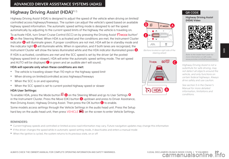 KIA SORENTO PHEV 2022 Features and Functions Guide 27†LEGAL DISCL AIMERS ON BACK INSIDE COVER | *IF EQUIPPEDALWAYS CHECK THE OWNER ’S MANUAL FOR COMPLETE OPER ATING INFORMATION AND SAFET Y WARNINGS .
OK
MODE
OK
MODEMODE
OKOK
OKOK
OKOK
OK
KIA SORENTO PHEV 2022 Features and Functions Guide 27†LEGAL DISCL AIMERS ON BACK INSIDE COVER | *IF EQUIPPEDALWAYS CHECK THE OWNER ’S MANUAL FOR COMPLETE OPER ATING INFORMATION AND SAFET Y WARNINGS .
OK
MODE
OK
MODEMODE
OKOK
OKOK
OKOK
OK