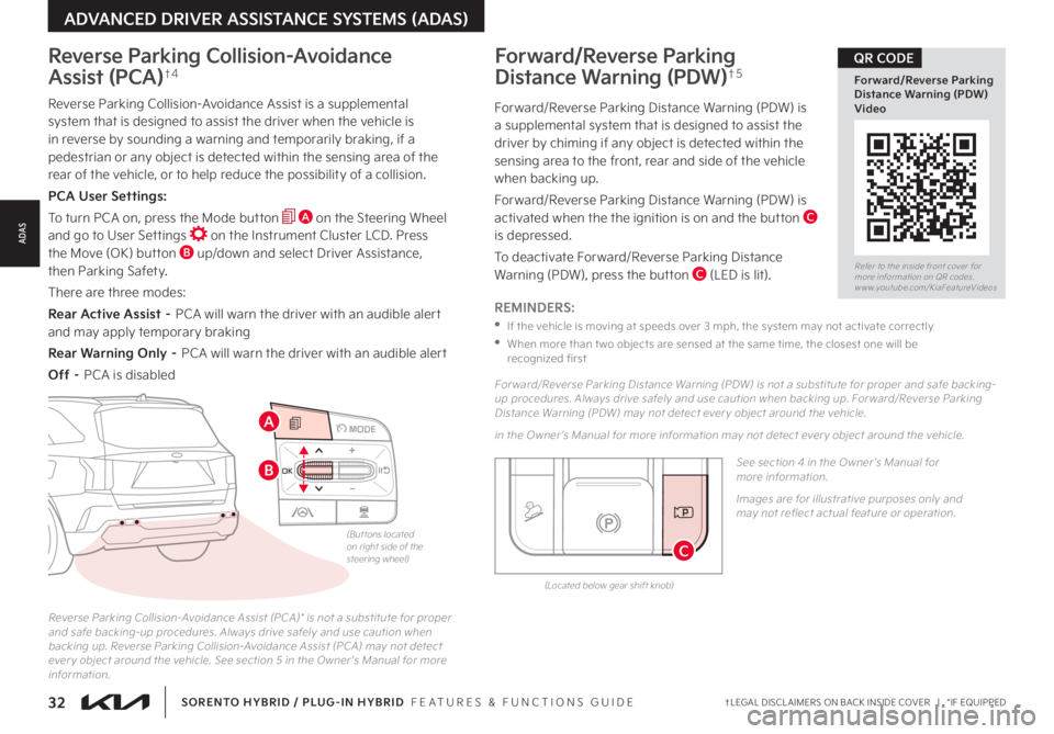 KIA SORENTO PHEV 2022 Features and Functions Guide 32†LEGAL DISCL AIMERS ON BACK INSIDE COVER | *IF EQUIPPEDSORENTO HYBRID / PLUG-IN HYBRID FEATURES & FUNCTIONS GUIDE
REMINDERS:
•If the vehicle is moving at speeds over 3 mph, the system may KIA SORENTO PHEV 2022 Features and Functions Guide 32†LEGAL DISCL AIMERS ON BACK INSIDE COVER | *IF EQUIPPEDSORENTO HYBRID / PLUG-IN HYBRID FEATURES & FUNCTIONS GUIDE
REMINDERS:
•If the vehicle is moving at speeds over 3 mph, the system may