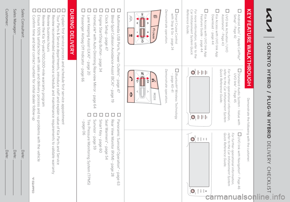 KIA SORENTO PHEV 2022 Features and Functions Guide Multimedia USB Ports, Power Outlets* - page 47 Blind-Spot Collision Avoidance-Assist (BCA)* - page 19 Clock Setup - page 47 Engine Start/Stop Button - page 34 HomeLink
® with Auto-Dimming KIA SORENTO PHEV 2022 Features and Functions Guide Multimedia USB Ports, Power Outlets* - page 47 Blind-Spot Collision Avoidance-Assist (BCA)* - page 19 Clock Setup - page 47 Engine Start/Stop Button - page 34 HomeLink
® with Auto-Dimming