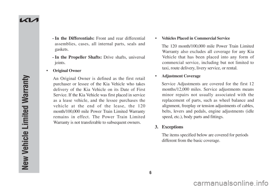 KIA SORENTO PHEV 2022  Warranty and Consumer Information Guide 6
-    In  the  Differentials: Front and rear differential 
assemblies, cases, all internal parts, seals and 
gaskets.
-     In  the  Propeller  Shafts: Drive shafts, universal 
joints.
•	 Original	