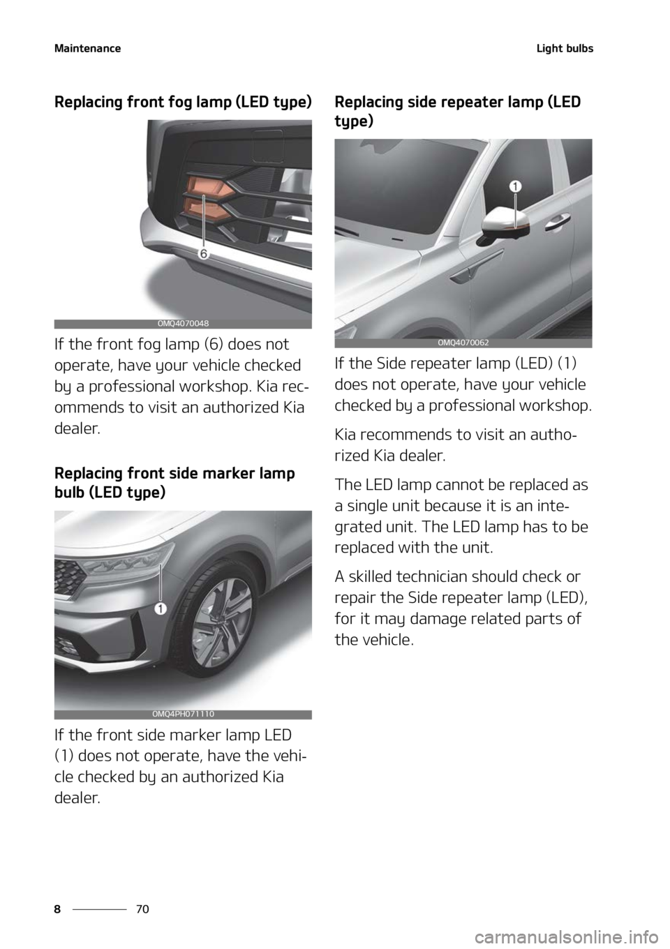 KIA SORENTO HYBRID 2022  Owners Manual �.�B�J�O�U�F�O�B�O�D�F
��
�
�-�J�H�I�U��C�V�M�C�T
�3�F�Q�M�B�D�J�O�H��G�S�P�O�U��G�P�H��M�B�N�Q��	�-�&�%��U�Z�Q�F�

�*�G��U�I�F��G�S�P�O�U��G�P�H��M�B�N�Q��	��
��E�P�F�T��O�P�U�
�P�Q