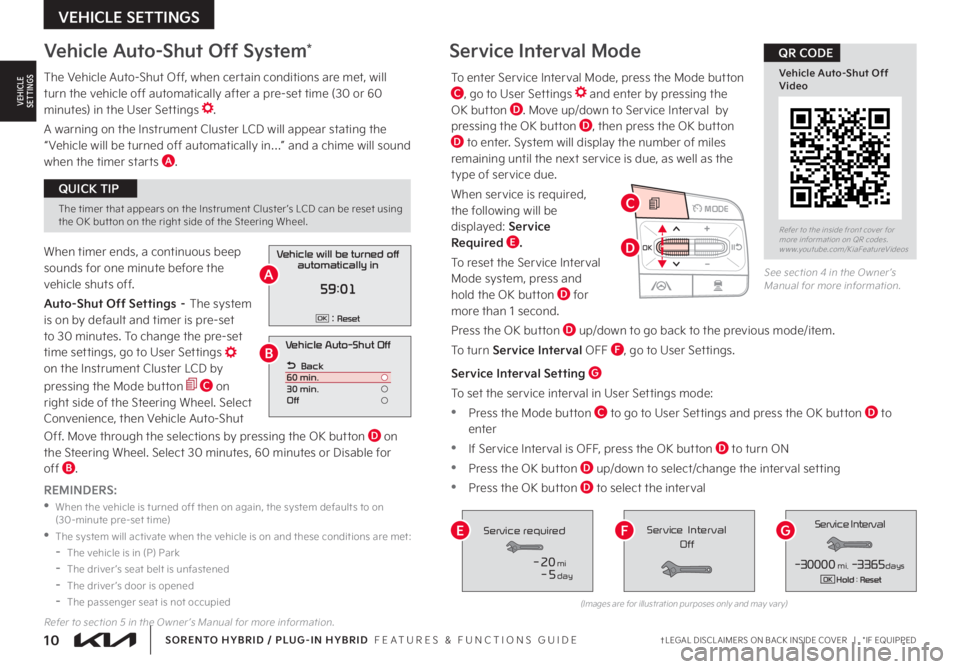 KIA SORENTO HYBRID 2022  Features and Functions Guide 10†LEGAL DISCL AIMERS ON BACK INSIDE COVER   |   *IF EQUIPPEDSORENTO HYBRID / PLUG-IN HYBRID  FEATURES & FUNCTIONS GUIDE
VEHICLE SETTINGS
VEHICLESETTINGS
Vehicle Auto-Shut Off
Back
60 min.
30 min.
O