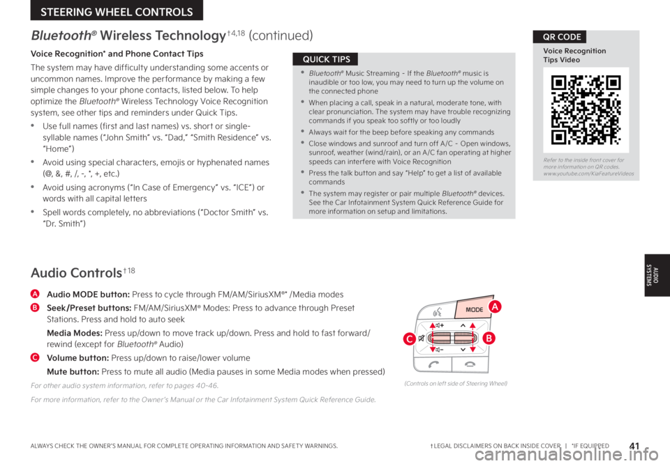 KIA SORENTO HYBRID 2022 Features and Functions Guide 41†LEGAL DISCL AIMERS ON BACK INSIDE COVER | *IF EQUIPPEDALWAYS CHECK THE OWNER ’S MANUAL FOR COMPLETE OPER ATING INFORMATION AND SAFET Y WARNINGS .
OK
MODE
OK
MODEMODE
OKOK
OKOK
OKOK
OK
KIA SORENTO HYBRID 2022 Features and Functions Guide 41†LEGAL DISCL AIMERS ON BACK INSIDE COVER | *IF EQUIPPEDALWAYS CHECK THE OWNER ’S MANUAL FOR COMPLETE OPER ATING INFORMATION AND SAFET Y WARNINGS .
OK
MODE
OK
MODEMODE
OKOK
OKOK
OKOK
OK