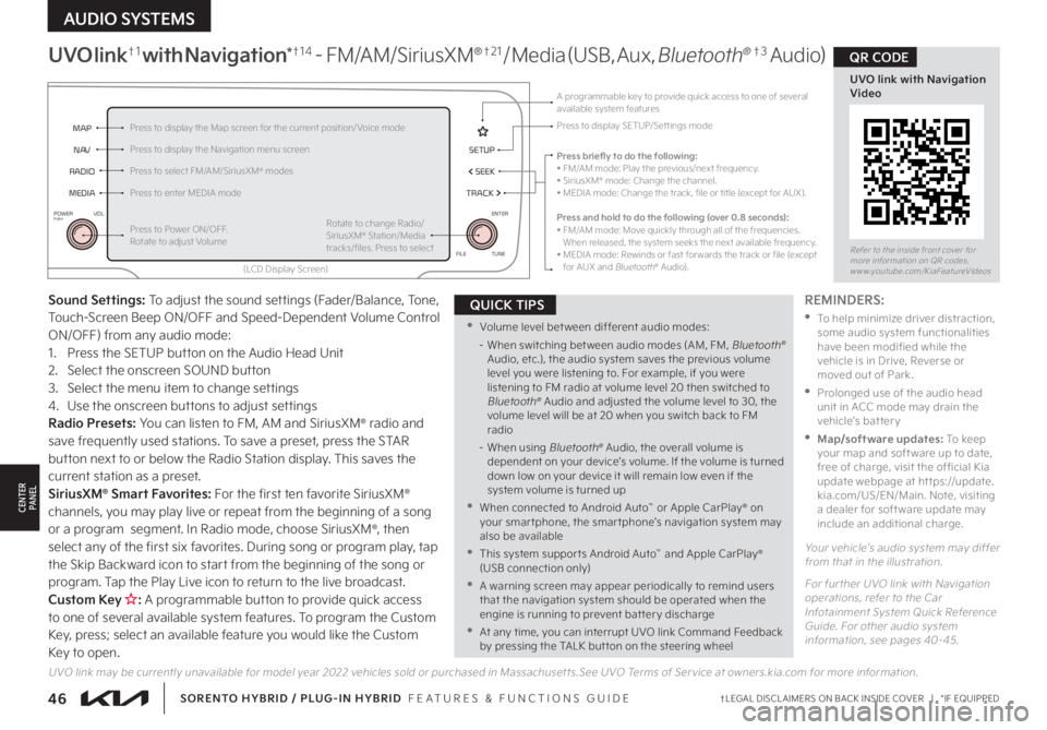 KIA SORENTO HYBRID 2022 Features and Functions Guide 46†LEGAL DISCL AIMERS ON BACK INSIDE COVER | *IF EQUIPPEDSORENTO HYBRID / PLUG-IN HYBRID FEATURES & FUNCTIONS GUIDE
AUDIO SYSTEMS
CENTERPA N EL
Sound Settings: To adjust the sound settings (Fad KIA SORENTO HYBRID 2022 Features and Functions Guide 46†LEGAL DISCL AIMERS ON BACK INSIDE COVER | *IF EQUIPPEDSORENTO HYBRID / PLUG-IN HYBRID FEATURES & FUNCTIONS GUIDE
AUDIO SYSTEMS
CENTERPA N EL
Sound Settings: To adjust the sound settings (Fad