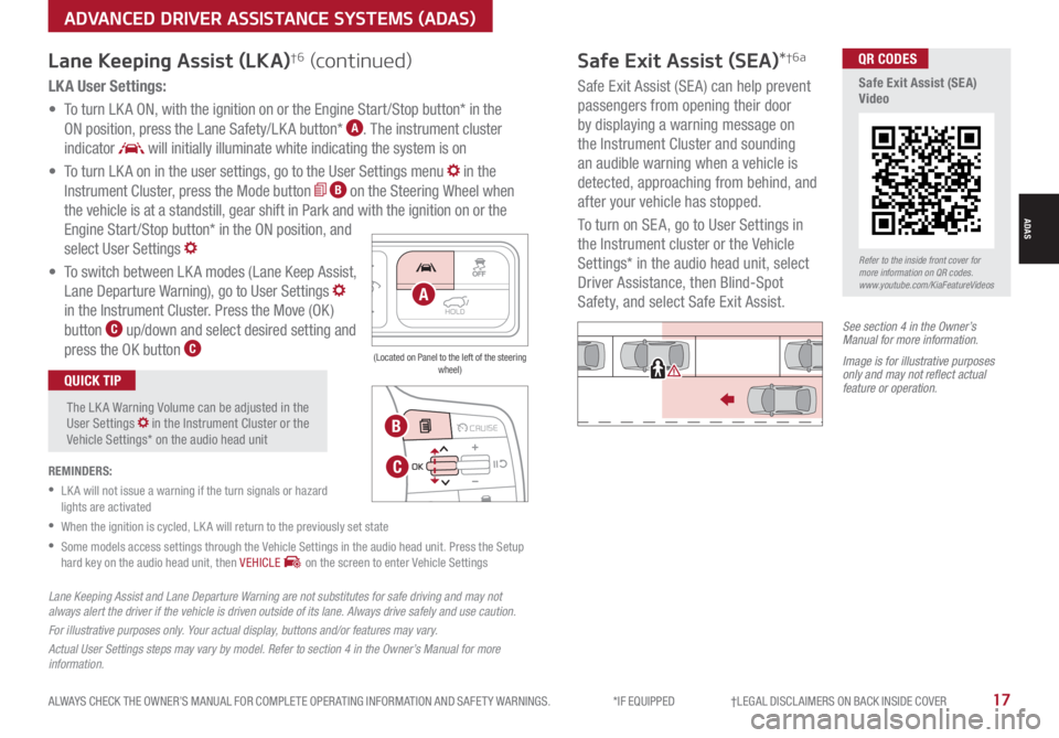 KIA SORENTO HYBRID 2021  Features and Functions Guide ALWAYS CHECK THE OWNER’S MANUAL FOR COMPLETE OPER ATING INFORMATION AND SAFET Y WARNINGS.  *IF EQUIPPED                     †LEGAL DISCL AIMERS ON BACK INSIDE COVER17
LK A User Settings:
•   To 