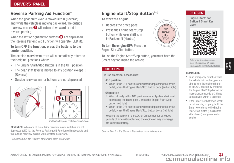 KIA SORENTO HYBRID 2021  Features and Functions Guide ALWAYS CHECK THE OWNER’S MANUAL FOR COMPLETE OPER ATING INFORMATION AND SAFET Y WARNINGS.  *IF EQUIPPED                     †LEGAL DISCL AIMERS ON BACK INSIDE COVER23
LRLRLR
Reverse Parking Aid Fu