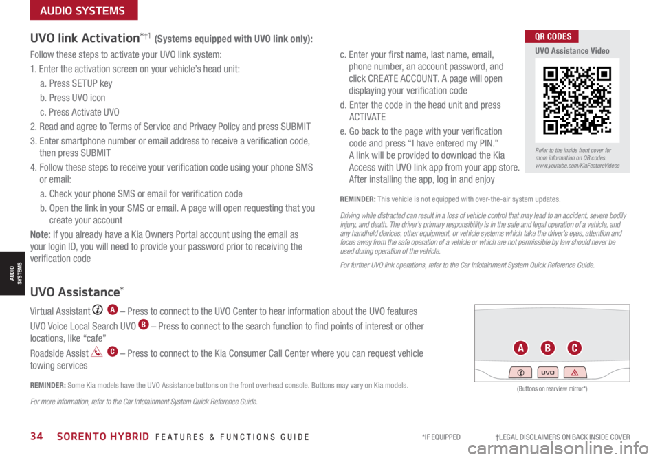 KIA SORENTO HYBRID 2021 Features and Functions Guide *IF EQUIPPED †LEGAL DISCL AIMERS ON BACK INSIDE COVER34SORENTO HYBRID FEATURES & FUNCTIONS GUIDE
AUDIO SYSTEMS
AUDIOSYSTEMS
UVO link Activation*†1 (Systems equipped with UVO l KIA SORENTO HYBRID 2021 Features and Functions Guide *IF EQUIPPED †LEGAL DISCL AIMERS ON BACK INSIDE COVER34SORENTO HYBRID FEATURES & FUNCTIONS GUIDE
AUDIO SYSTEMS
AUDIOSYSTEMS
UVO link Activation*†1 (Systems equipped with UVO l