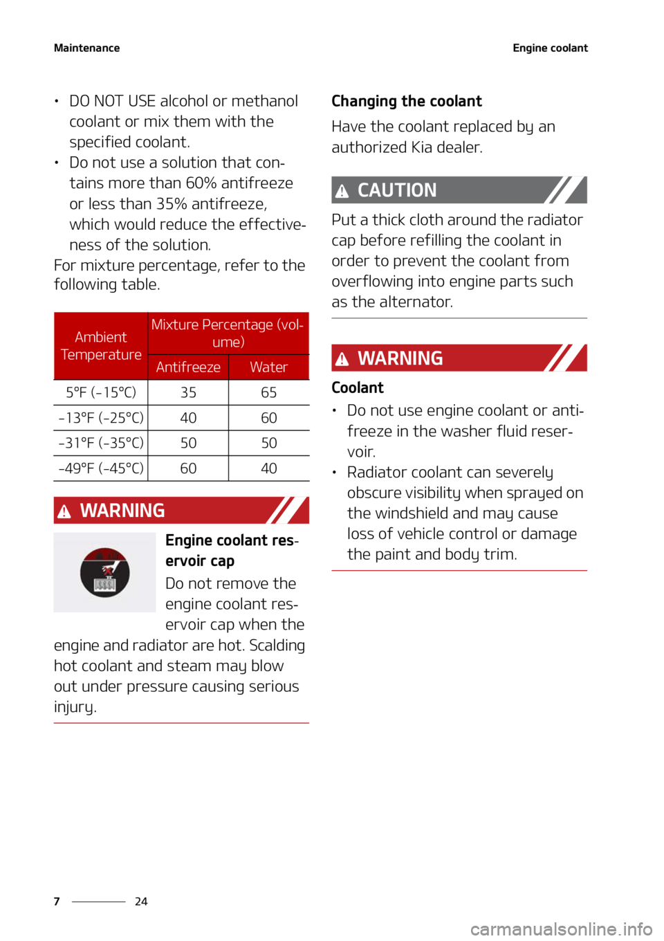 KIA SORENTO 2022  Owners Manual �.�B�J�O�U�F�O�B�O�D�F
��
�
�&�O�H�J�O�F��D�P�P�M�B�O�U
LÜ �%�0��/�0�5��6�4�&��B�M�D�P�I�P�M��P�S��N�F�U�I�B�O�P�M�
�D�P�P�M�B�O�U��P�S��N�J�Y��U�I�F�N��X�J�U�I��U�I�F�
�T�Q�F�D�J�G�J