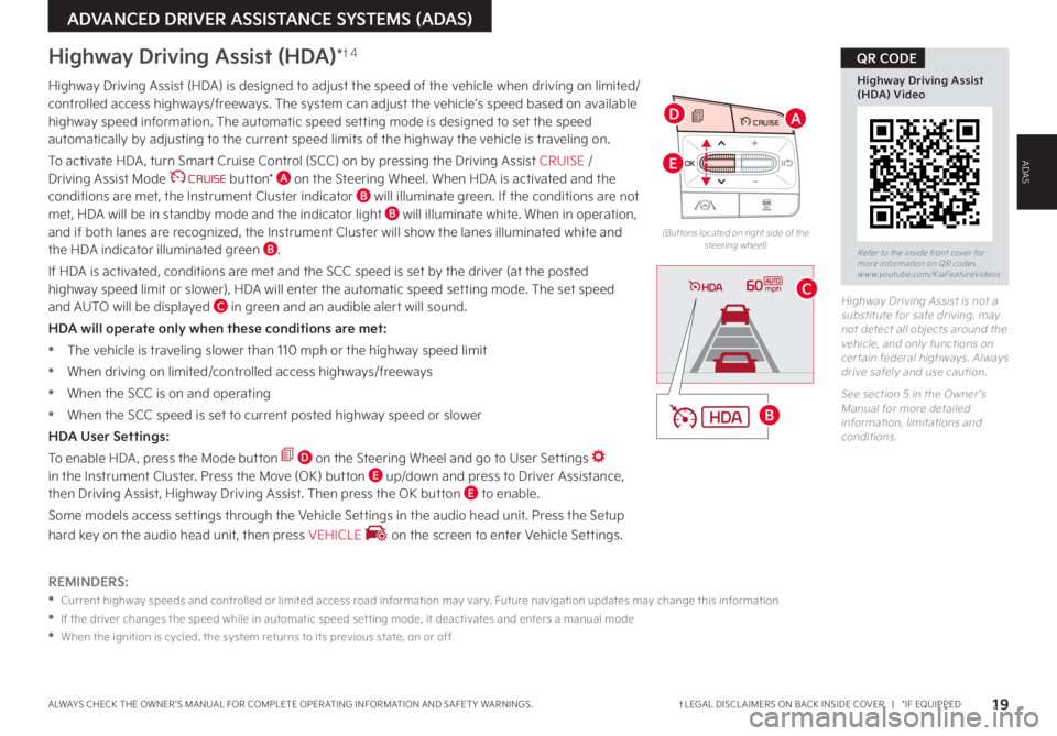 KIA SORENTO 2022 Features and Functions Guide 19†LEGAL DISCL AIMERS ON BACK INSIDE COVER | *IF EQUIPPEDALWAYS CHECK THE OWNER ’S MANUAL FOR COMPLETE OPER ATING INFORMATION AND SAFET Y WARNINGS .
OK
MODE
OKCRUISE
MODE
OKOK
OKOK
OKOK
O KIA SORENTO 2022 Features and Functions Guide 19†LEGAL DISCL AIMERS ON BACK INSIDE COVER | *IF EQUIPPEDALWAYS CHECK THE OWNER ’S MANUAL FOR COMPLETE OPER ATING INFORMATION AND SAFET Y WARNINGS .
OK
MODE
OKCRUISE
MODE
OKOK
OKOK
OKOK
O