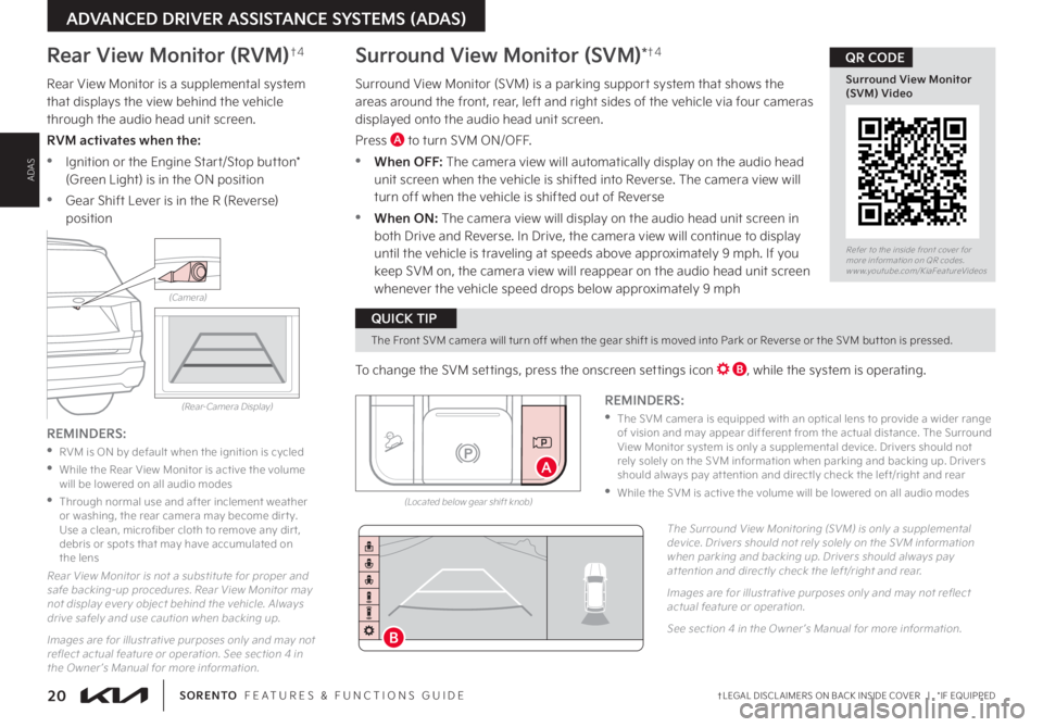 KIA SORENTO 2022 Features and Functions Guide 20†LEGAL DISCL AIMERS ON BACK INSIDE COVER | *IF EQUIPPEDSORENTO FEATURES & FUNCTIONS GUIDE
Rear View Monitor (RVM)†4
Rear View Monitor is a supplemental system that displays the view behind KIA SORENTO 2022 Features and Functions Guide 20†LEGAL DISCL AIMERS ON BACK INSIDE COVER | *IF EQUIPPEDSORENTO FEATURES & FUNCTIONS GUIDE
Rear View Monitor (RVM)†4
Rear View Monitor is a supplemental system that displays the view behind