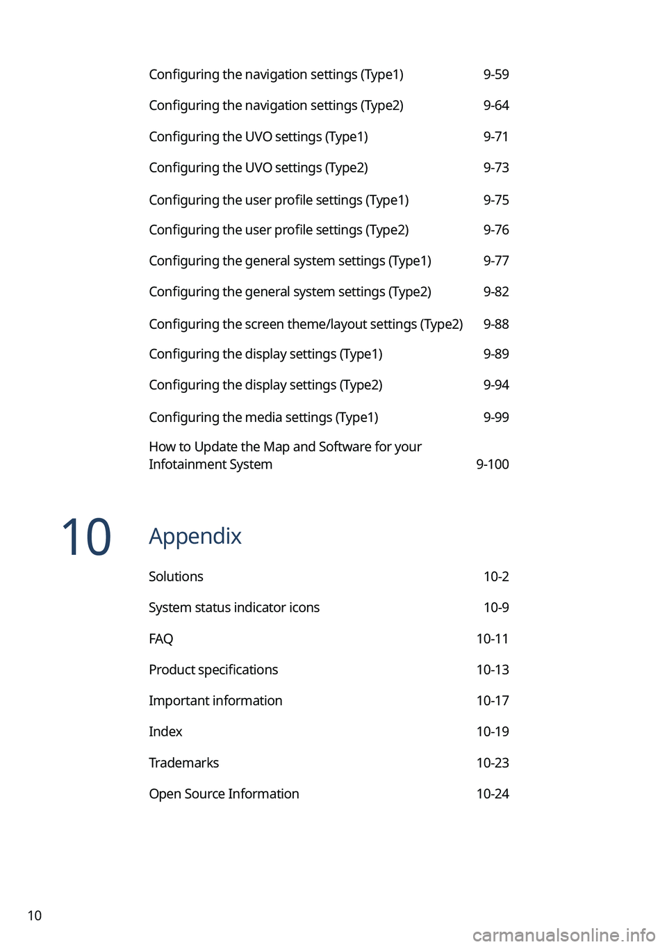 KIA SORENTO 2022 Navigation System Quick Reference Guide 10
Configuring the navigation settings (Type1) 9-59
Configuring the navigation settings (Type2) 9-64
Configuring the UVO settings (Type1) 9-71
Configuring the UVO settings (Type2) 9-73
Configuring the KIA SORENTO 2022 Navigation System Quick Reference Guide 10
Configuring the navigation settings (Type1) 9-59
Configuring the navigation settings (Type2) 9-64
Configuring the UVO settings (Type1) 9-71
Configuring the UVO settings (Type2) 9-73
Configuring the