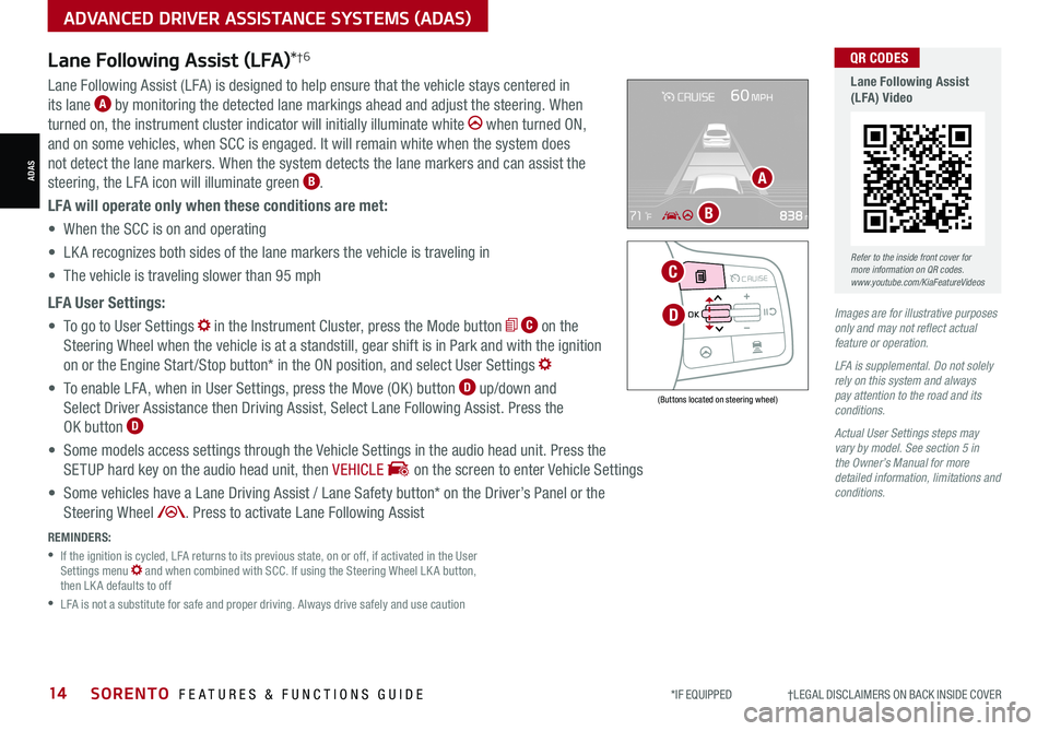 KIA SORENTO 2021  Features and Functions Guide *IF EQUIPPED                     †LEGAL DISCL AIMERS ON BACK INSIDE COVER14SORENTO  FEATURES & FUNCTIONS GUIDE
Lane Following Assist (LFA)*†6
REMINDERS: 
 •  
If the ignition is cycled, LFA retu