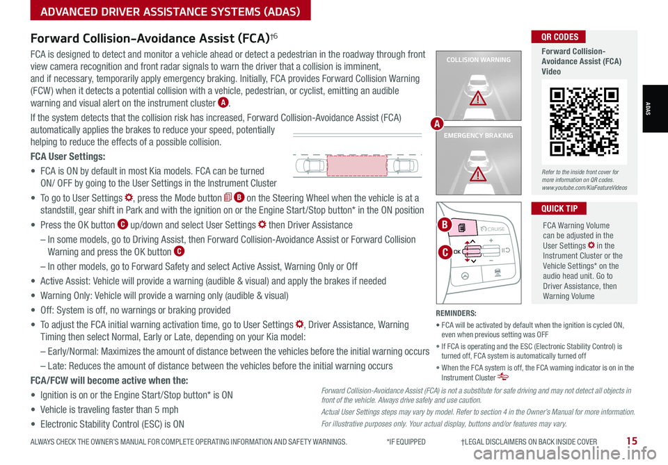 KIA SORENTO 2021 Features and Functions Guide ALWAYS CHECK THE OWNER’S MANUAL FOR COMPLETE OPER ATING INFORMATION AND SAFET Y WARNINGS. *IF EQUIPPED †LEGAL DISCL AIMERS ON BACK INSIDE COVER15
COLLISION WARNING
EMERGENCY B KIA SORENTO 2021 Features and Functions Guide ALWAYS CHECK THE OWNER’S MANUAL FOR COMPLETE OPER ATING INFORMATION AND SAFET Y WARNINGS. *IF EQUIPPED †LEGAL DISCL AIMERS ON BACK INSIDE COVER15
COLLISION WARNING
EMERGENCY B