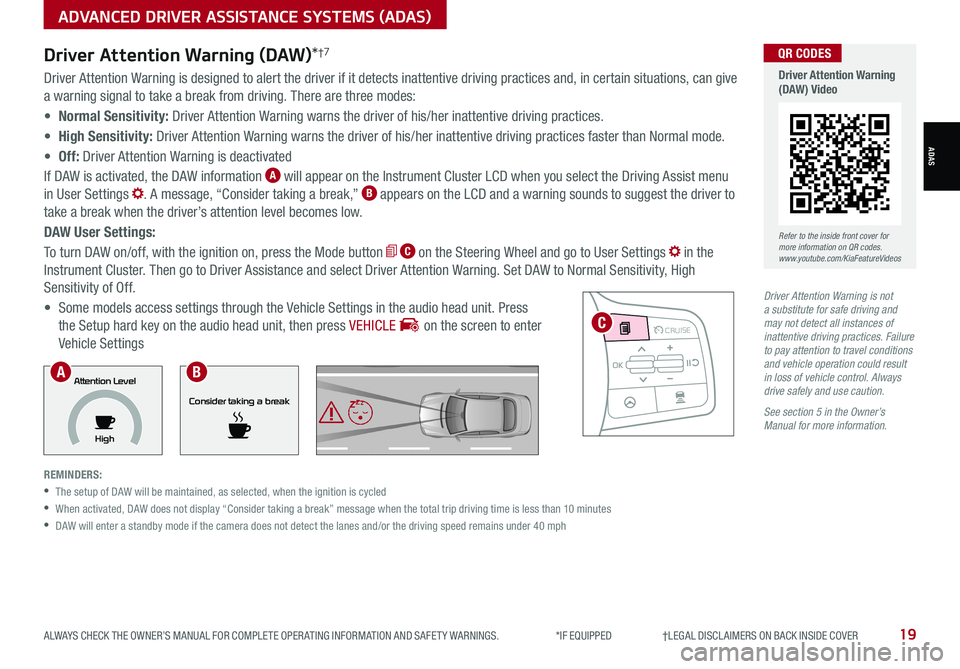 KIA SORENTO 2021 Features and Functions Guide ALWAYS CHECK THE OWNER’S MANUAL FOR COMPLETE OPER ATING INFORMATION AND SAFET Y WARNINGS. *IF EQUIPPED †LEGAL DISCL AIMERS ON BACK INSIDE COVER19
Driver Attention Warning is n KIA SORENTO 2021 Features and Functions Guide ALWAYS CHECK THE OWNER’S MANUAL FOR COMPLETE OPER ATING INFORMATION AND SAFET Y WARNINGS. *IF EQUIPPED †LEGAL DISCL AIMERS ON BACK INSIDE COVER19
Driver Attention Warning is n
