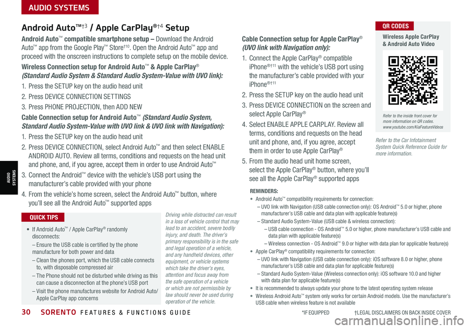 KIA SORENTO 2021 Features and Functions Guide *IF EQUIPPED †LEGAL DISCL AIMERS ON BACK INSIDE COVER30SORENTO FEATURES & FUNCTIONS GUIDE
AUDIO SYSTEMS
Android AutoTM†3 / Apple CarPlay®†4 Setup
Driving while distracted c KIA SORENTO 2021 Features and Functions Guide *IF EQUIPPED †LEGAL DISCL AIMERS ON BACK INSIDE COVER30SORENTO FEATURES & FUNCTIONS GUIDE
AUDIO SYSTEMS
Android AutoTM†3 / Apple CarPlay®†4 Setup
Driving while distracted c