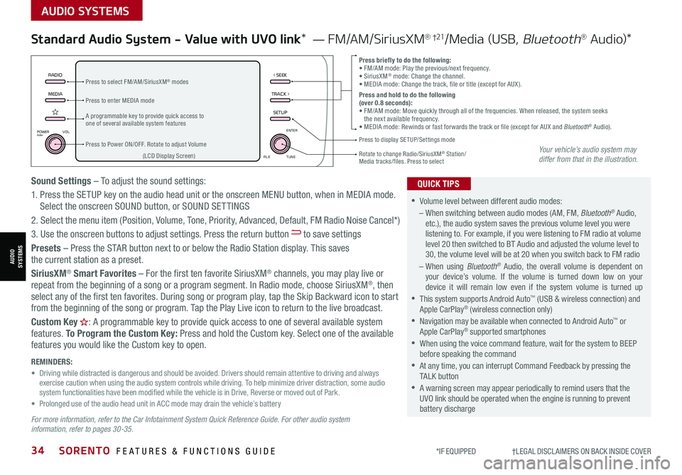 KIA SORENTO 2021 Features and Functions Guide *IF EQUIPPED †LEGAL DISCL AIMERS ON BACK INSIDE COVER34SORENTO FEATURES & FUNCTIONS GUIDE
AUDIO SYSTEMS
AUDIOSYSTEMS
MEDIARADIO
TRACK >
SETUP
< SEEK
POWERPUSHVOL ENTER
TUNE
FILE KIA SORENTO 2021 Features and Functions Guide *IF EQUIPPED †LEGAL DISCL AIMERS ON BACK INSIDE COVER34SORENTO FEATURES & FUNCTIONS GUIDE
AUDIO SYSTEMS
AUDIOSYSTEMS
MEDIARADIO
TRACK >
SETUP
< SEEK
POWERPUSHVOL ENTER
TUNE
FILE