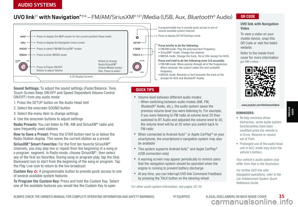KIA SORENTO 2021 Features and Functions Guide ALWAYS CHECK THE OWNER’S MANUAL FOR COMPLETE OPER ATING INFORMATION AND SAFET Y WARNINGS. *IF EQUIPPED †LEGAL DISCL AIMERS ON BACK INSIDE COVER35
AUDIO SYSTEMS
AUDIOSYSTEMS
So KIA SORENTO 2021 Features and Functions Guide ALWAYS CHECK THE OWNER’S MANUAL FOR COMPLETE OPER ATING INFORMATION AND SAFET Y WARNINGS. *IF EQUIPPED †LEGAL DISCL AIMERS ON BACK INSIDE COVER35
AUDIO SYSTEMS
AUDIOSYSTEMS
So