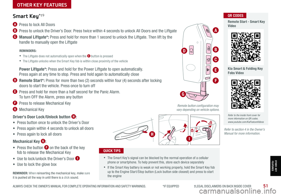 KIA SORENTO 2021 Features and Functions Guide ALWAYS CHECK THE OWNER’S MANUAL FOR COMPLETE OPER ATING INFORMATION AND SAFET Y WARNINGS. *IF EQUIPPED †LEGAL DISCL AIMERS ON BACK INSIDE COVER51
HOLD
HOLD
HOLDHOLD
A Press t KIA SORENTO 2021 Features and Functions Guide ALWAYS CHECK THE OWNER’S MANUAL FOR COMPLETE OPER ATING INFORMATION AND SAFET Y WARNINGS. *IF EQUIPPED †LEGAL DISCL AIMERS ON BACK INSIDE COVER51
HOLD
HOLD
HOLDHOLD
A Press t
