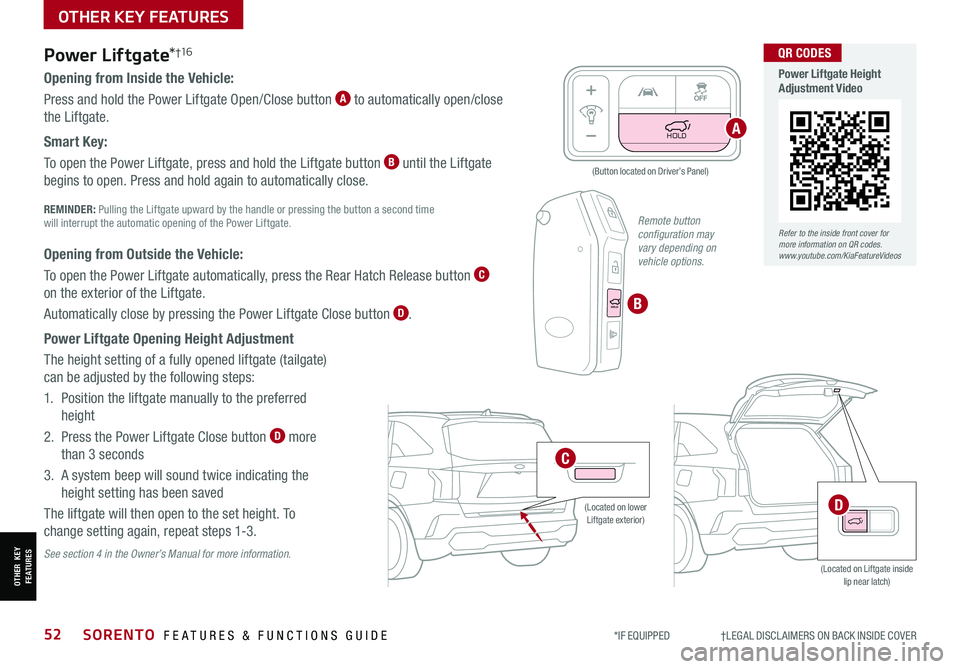 KIA SORENTO 2021 Features and Functions Guide *IF EQUIPPED †LEGAL DISCL AIMERS ON BACK INSIDE COVER52SORENTO FEATURES & FUNCTIONS GUIDE
HOLD
HOLD
HOLDHOLD
HOLD
Power Liftgate*†1 6
Opening from Inside the Vehicle:
Press an KIA SORENTO 2021 Features and Functions Guide *IF EQUIPPED †LEGAL DISCL AIMERS ON BACK INSIDE COVER52SORENTO FEATURES & FUNCTIONS GUIDE
HOLD
HOLD
HOLDHOLD
HOLD
Power Liftgate*†1 6
Opening from Inside the Vehicle:
Press an